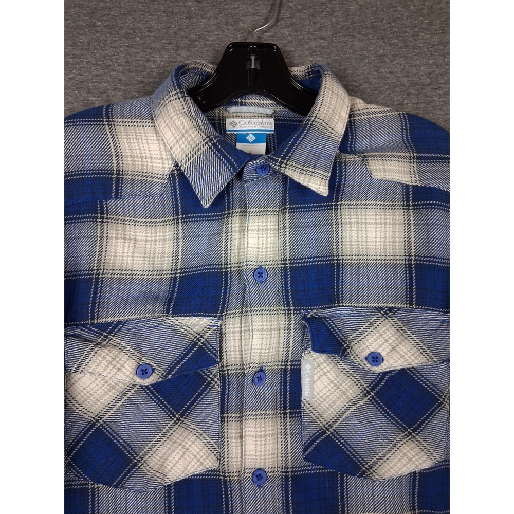 Columbia Mens Jacket S Blue Plaid Flannel Fleece Lined Shacket‎ Gorp Fall Hiking